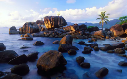 HD desktop wallpaper of Seychelles nature featuring large, smooth rocks along a tranquil shoreline with a single palm tree under a blue, partly cloudy sky.