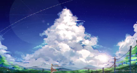 HD anime desktop wallpaper showing a vast sky with fluffy clouds and a single star, featuring a serene landscape below with a person standing on the grass.