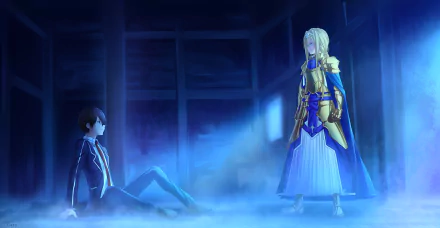 HD anime crossover wallpaper featuring Alice Zuberg in armor from Sword Art Online: Alicization and Kirito in a school uniform, set in a misty, dark room.
