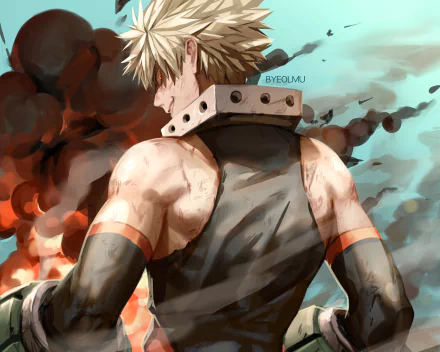 HD desktop wallpaper featuring Katsuki Bakugou from My Hero Academia, showcasing his muscular back amid fiery and smoky background elements.