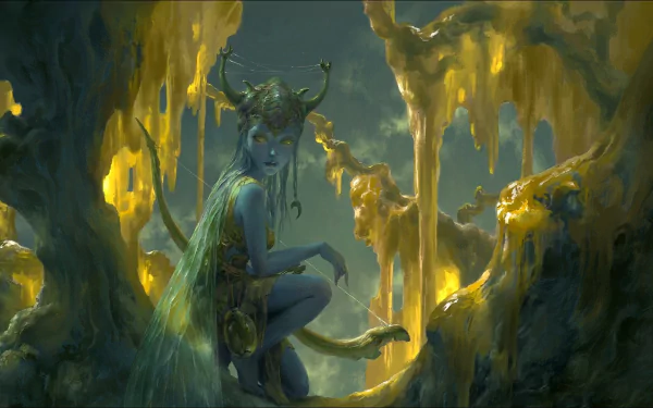 A mystical fairy archer with a horned crown crouches in a glowing, enchanted forest illuminated by golden light, captured in a high-definition fantasy desktop wallpaper.