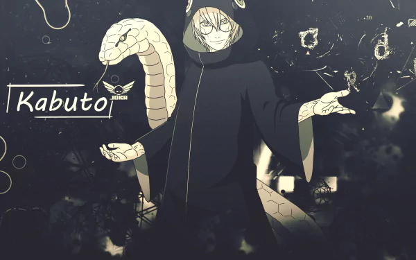 HD PC desktop wallpaper featuring Kabuto Yakushi from the anime Naruto, showcasing him with a large snake coiled behind in a dark, detailed background.