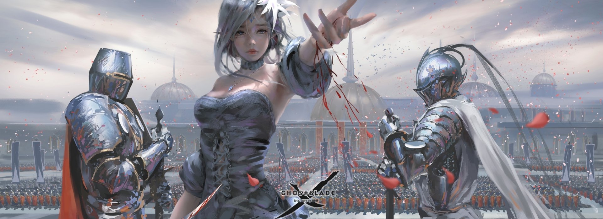 HD desktop wallpaper from the comic GhostBlade, featuring a character in a dark outfit extending a hand amidst soldiers in armor, with a dramatic battlefield background.