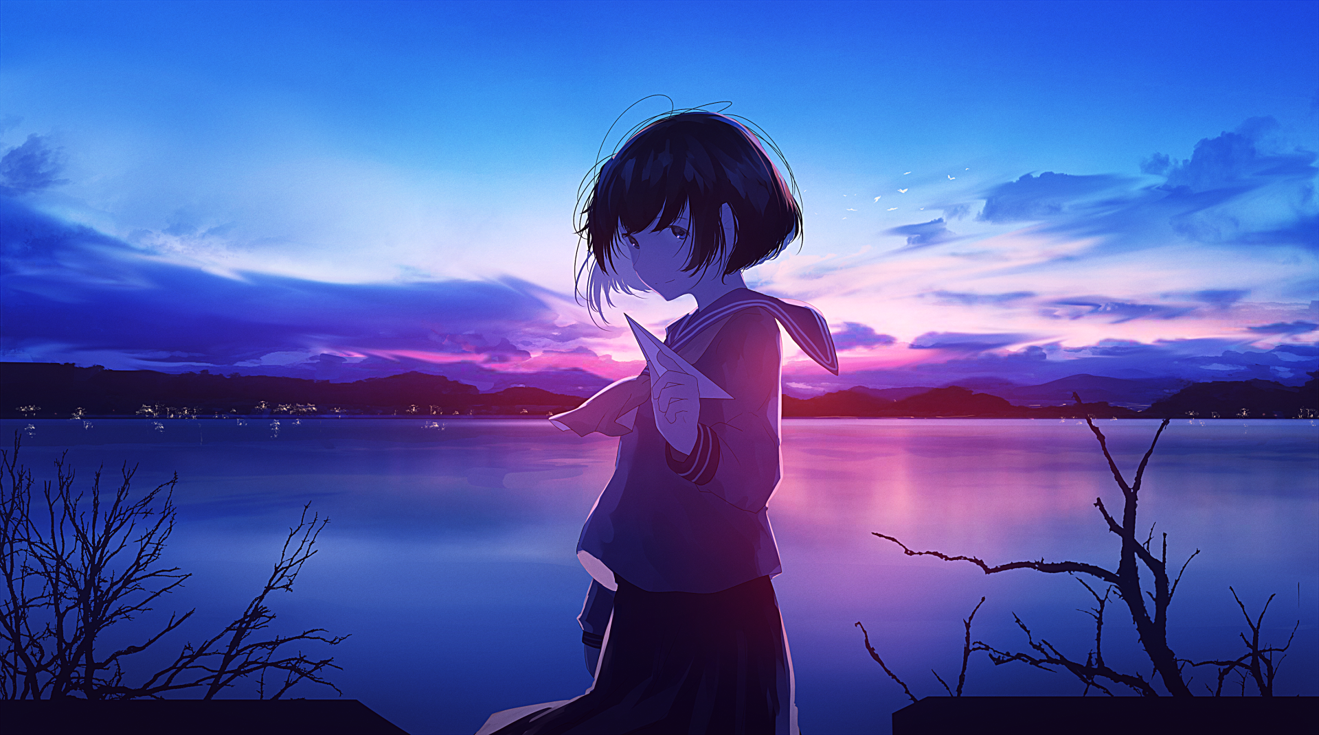 Anime-style HD desktop wallpaper of a short brown-haired character launching a paper plane against a vibrant sunset over a calm lake.