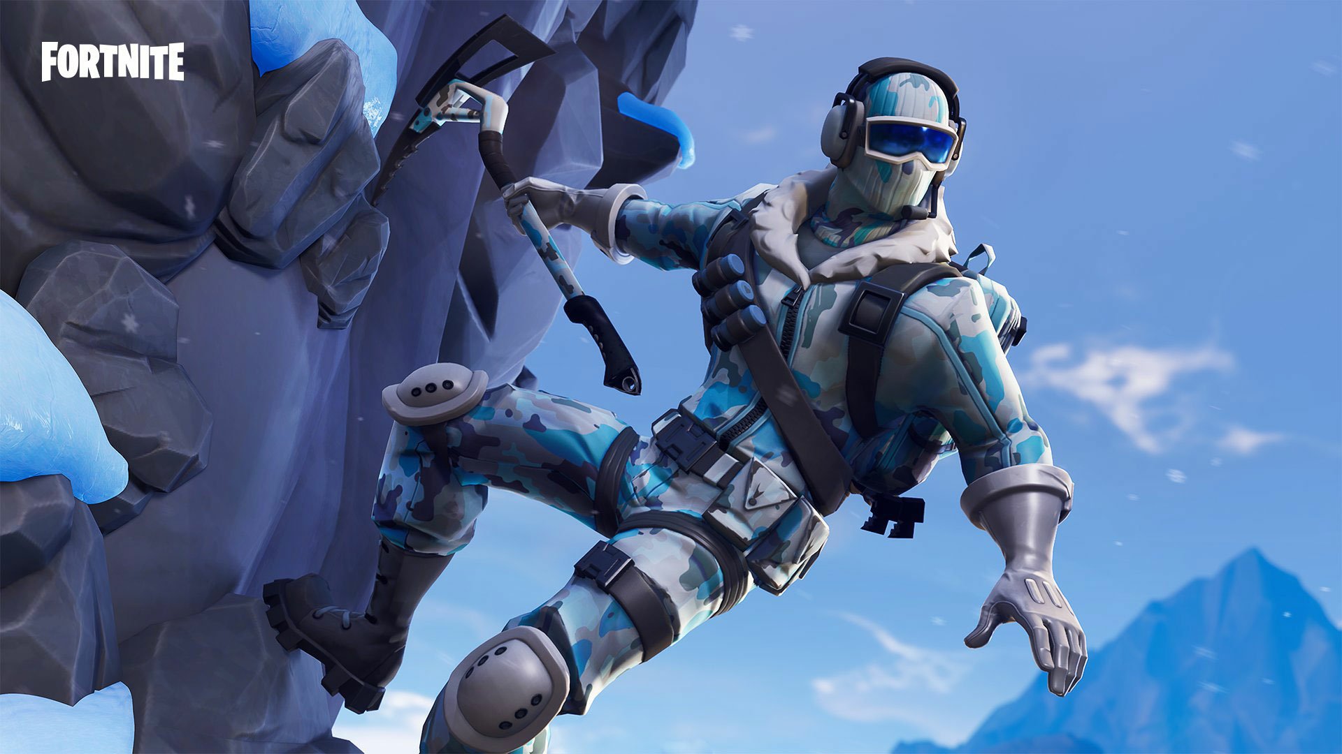 HD PC desktop wallpaper featuring a Fortnite character in winter gear scaling a rocky cliff against a bright blue sky background.