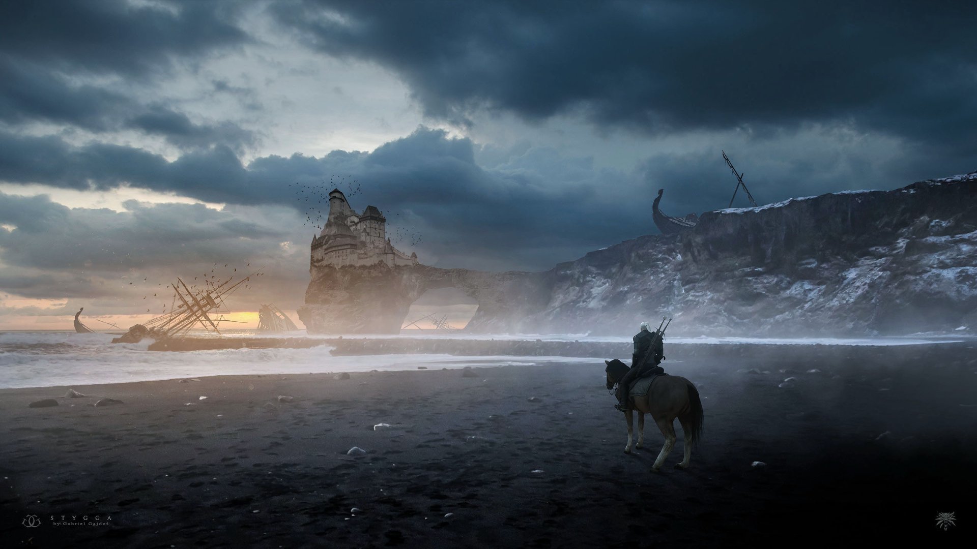 Geralt of Rivia rides his horse on a dark, misty beach with ominous, ruined structures in the background. HD desktop wallpaper from the video game The Witcher 3: Wild Hunt.