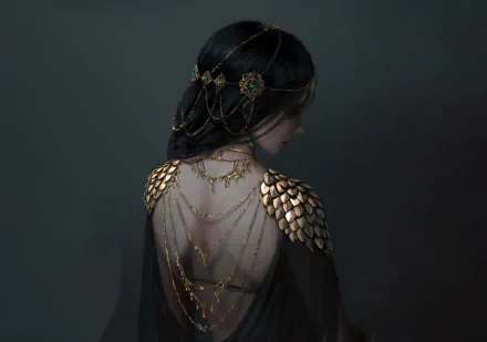 HD desktop wallpaper featuring a character from GhostBlade adorned with intricate gold jewelry, set against a muted, atmospheric background.
