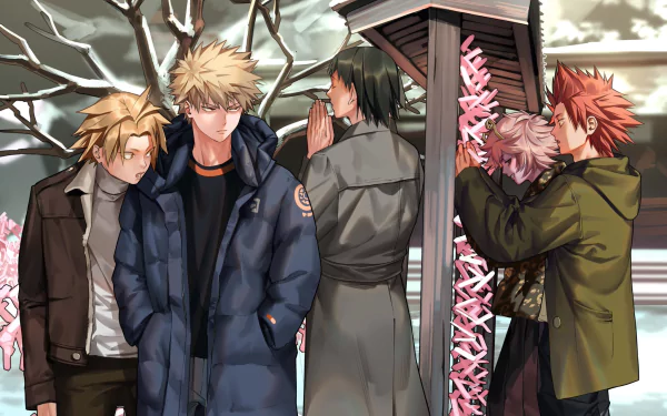 HD desktop wallpaper featuring Eijiro Kirishima, Mina Ashido, Hanta Sero, Katsuki Bakugou, and Denki Kaminari from My Hero Academia anime series, set against a winter backdrop with cherry blossoms.