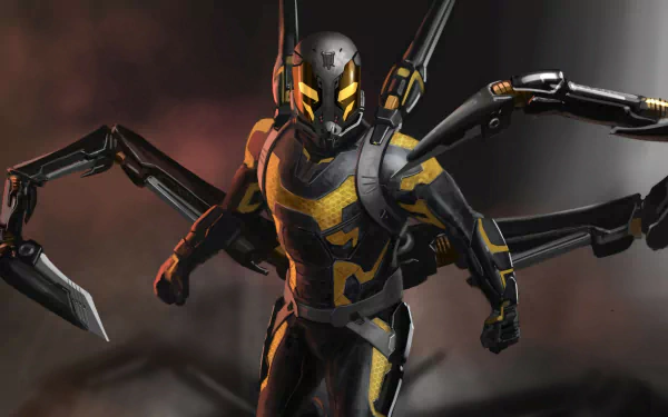 HD PC wallpaper featuring Yellowjacket from Marvel Comics' Ant-Man movie, showcasing the character in his black and yellow armored suit with mechanical spider-like arms.