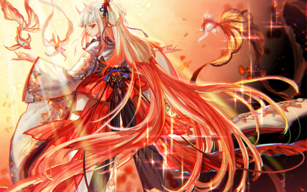 Anime Original Long Hair Blonde Fish Horns bow Red Eyes Kimono HD Wallpaper | Background Image