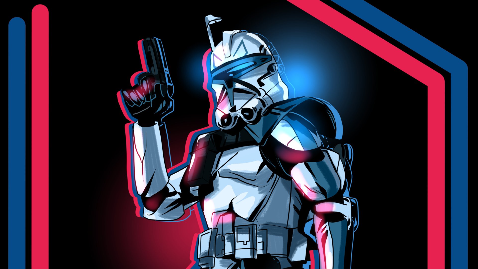 HD PC desktop wallpaper featuring a detailed Sci-Fi Star Wars stormtrooper in dynamic lighting with red and blue accents.