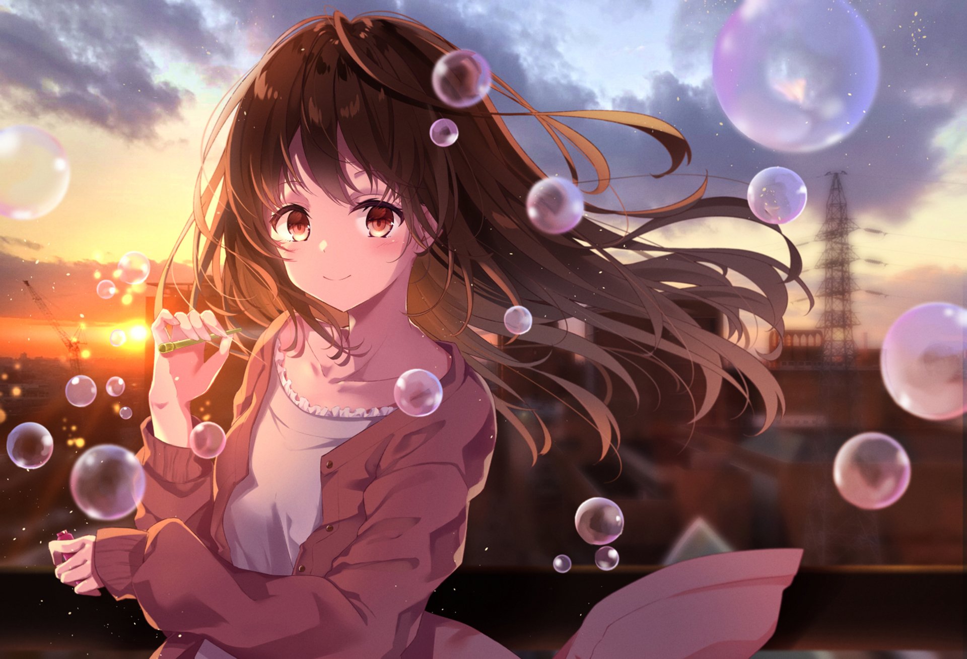 Sunset Bubble Anime Girl HD Wallpaper by きさらぎゆり