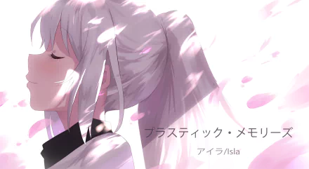 HD desktop wallpaper featuring Isla from the anime Plastic Memories, with text in Japanese. The image showcases Isla with closed eyes and flowing white hair against a background with pink and white accents.