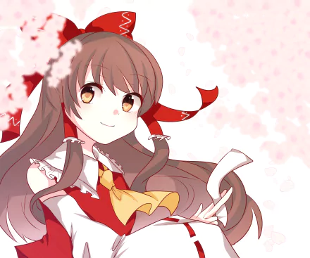HD PC desktop wallpaper featuring Reimu Hakurei from the anime Touhou, showcasing her with flowing brown hair and traditional red and white attire.