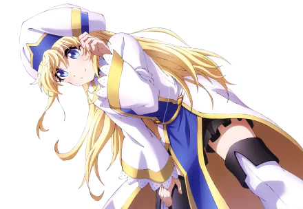 Priestess from Goblin Slayer anime in detailed 4K Ultra HD artwork, featuring her signature white and blue attire with golden accents, designed as a PC desktop wallpaper.