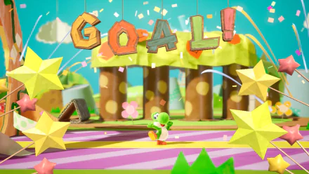 HD wallpaper from Yoshi's Crafted World featuring Yoshi and a festive GOAL! sign with sparkling stars.