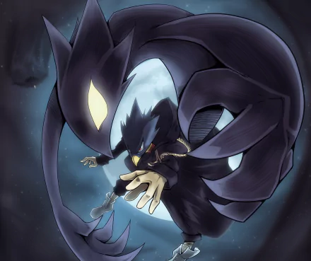 HD desktop wallpaper of Fumikage Tokoyami from My Hero Academia, depicted with his dark shadow power under a moonlit sky.