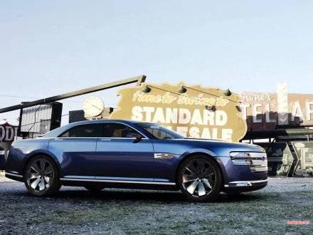 Sleek blue Ford Interceptor parked in front of vintage signage; HD PC desktop wallpaper.