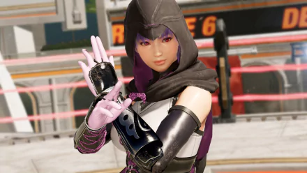 HD desktop wallpaper of Ayane from Dead or Alive 6, posing with a peace sign in front of a DOATEC arena.