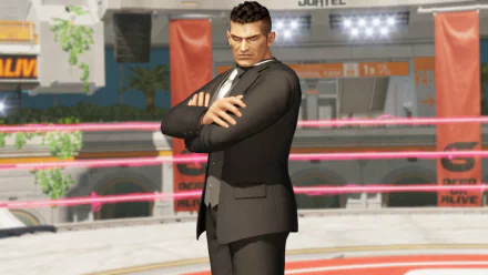 HD wallpaper of Bayman from Dead or Alive 6, standing confidently in a suit against a bright outdoor arena backdrop.
