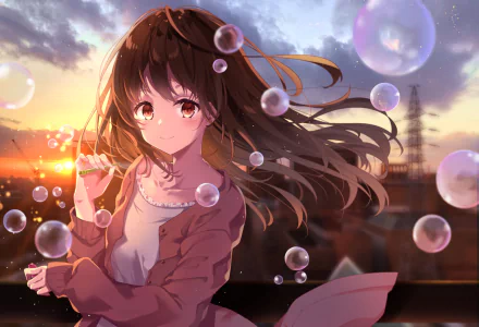 HD desktop wallpaper featuring an anime girl surrounded by bubbles at sunset, with a dreamy sky in the background.
