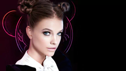 4K Ultra HD wallpaper featuring Hungarian celebrity and model Barbara Palvin with striking blue eyes and brunette hair styled in two space buns against a dark background.