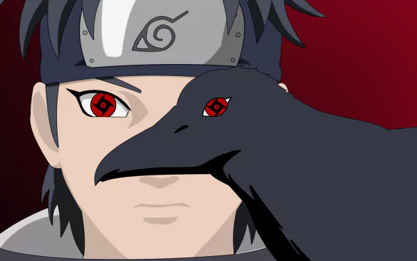 Minimalist HD anime wallpaper featuring Shisui Uchiha from Naruto with his Sharingan eyes and a crow against a deep red background.