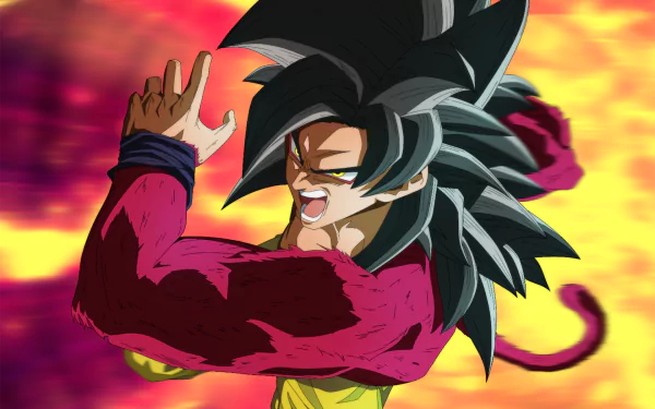 Super Saiyan 4 Goku (Dragon Ball GT) in anime style, snarling in a dynamic pose against a fiery background — HD PC desktop wallpaper