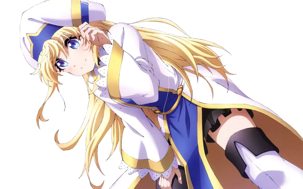 Priestess from Goblin Slayer anime in detailed 4K Ultra HD artwork, featuring her signature white and blue attire with golden accents, designed as a PC desktop wallpaper.