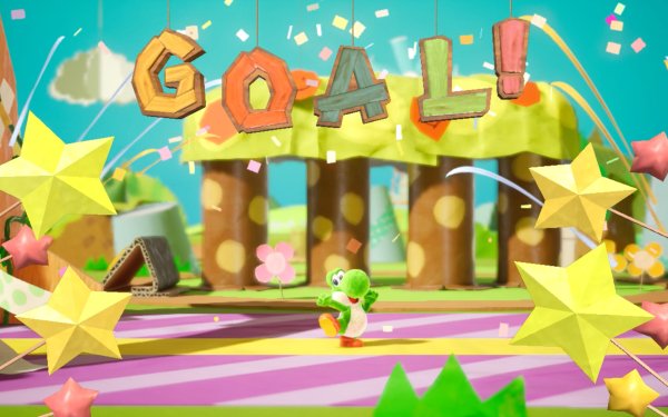 HD wallpaper from Yoshi's Crafted World featuring Yoshi and a festive GOAL! sign with sparkling stars.