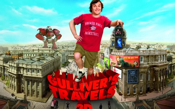 HD PC desktop wallpaper featuring a scene from the movie Gulliver's Travels with a giant Gulliver standing among tiny buildings and characters.