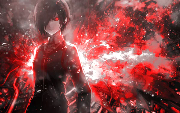 HD desktop wallpaper featuring Touka Kirishima from Tokyo Ghoul. The anime character is depicted with red eyes and a Kagune, set against an intense red and black background.