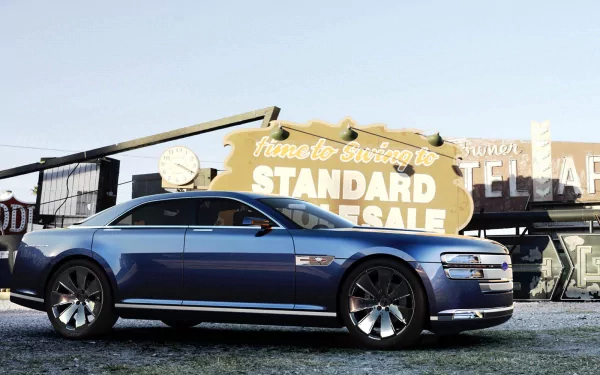 Sleek blue Ford Interceptor parked in front of vintage signage; HD PC desktop wallpaper.