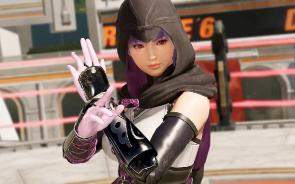 HD desktop wallpaper of Ayane from Dead or Alive 6, posing with a peace sign in front of a DOATEC arena.