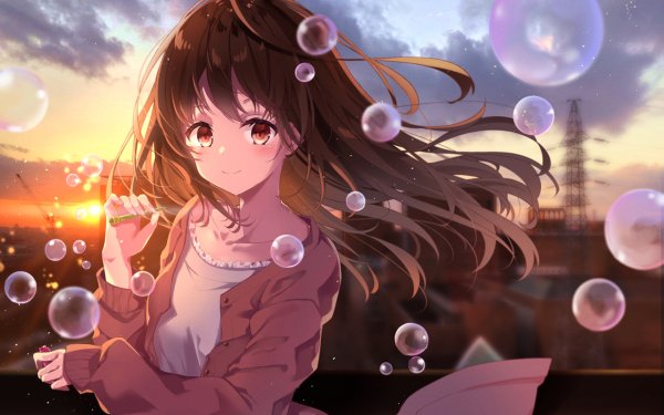 Anime Girl Bubble Sunset HD Wallpaper | Background Image