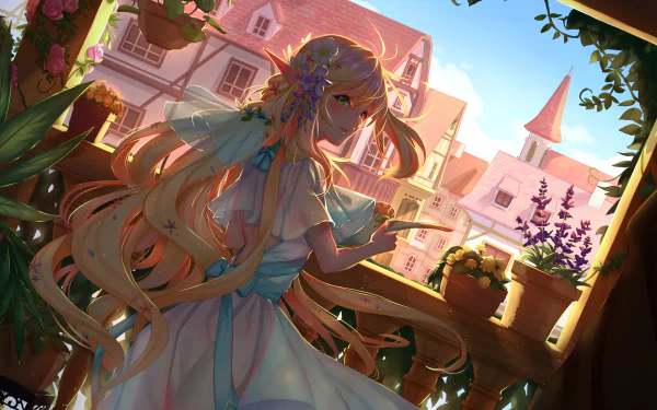 Fantasy-themed HD PC desktop wallpaper featuring a serene elf with long flowing hair, standing on a sunlit balcony surrounded by plants and charming architecture.