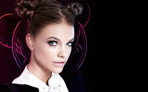 4K Ultra HD wallpaper featuring Hungarian celebrity and model Barbara Palvin with striking blue eyes and brunette hair styled in two space buns against a dark background.